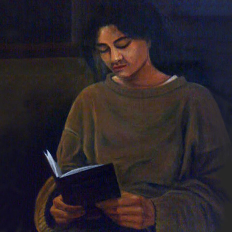 Oil painting of a girl reading a book